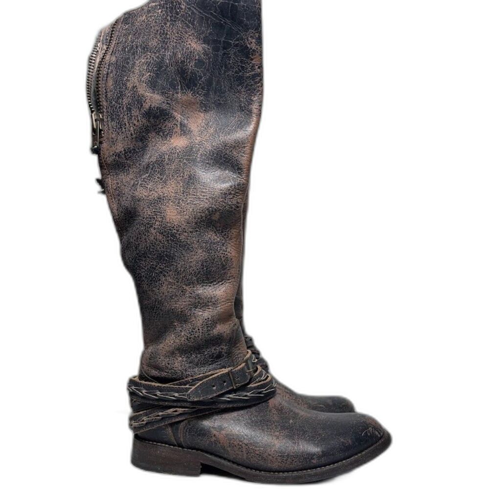 Bed Stu Eva Distressed Tall Riding Boots Size 7 Black Buckle Cobbler Series EUC